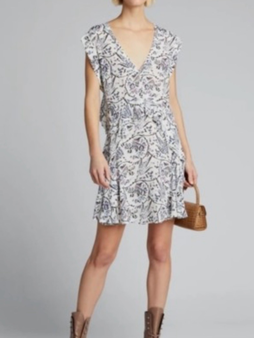 V-Neck Floral Mini Dress in White and Blue